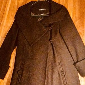 Long brown wool coat, asymmetrical collar